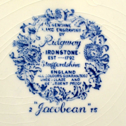 Ridgway Ironstone Blue and White China Jacobean Pattern 10-inch Dinner Plate