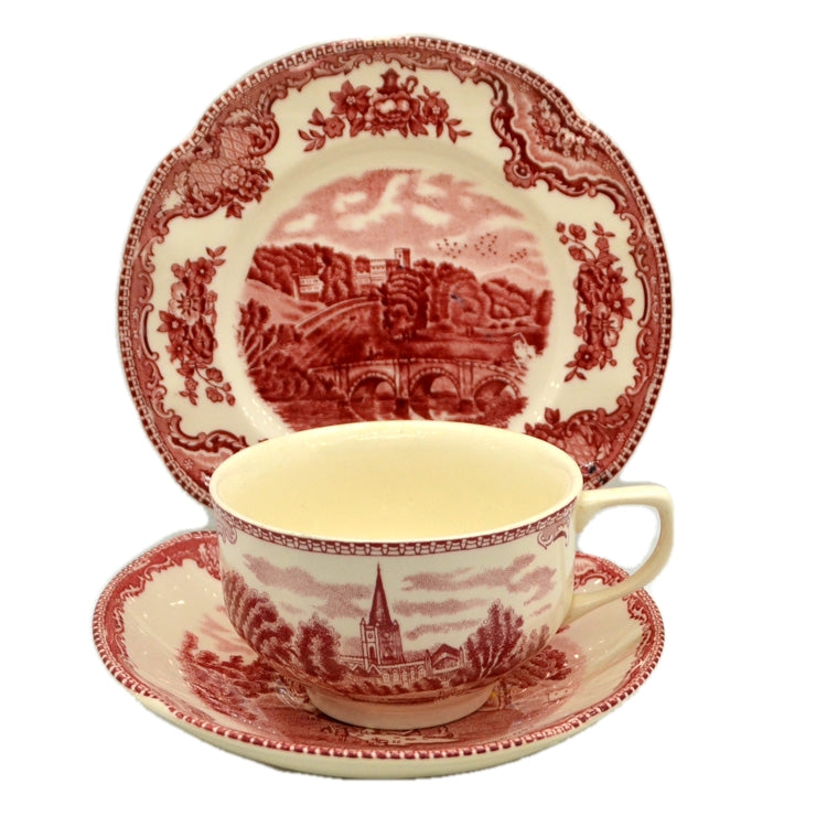 Johnson Bros China Red and White Old Britain Castles Teacup Trio