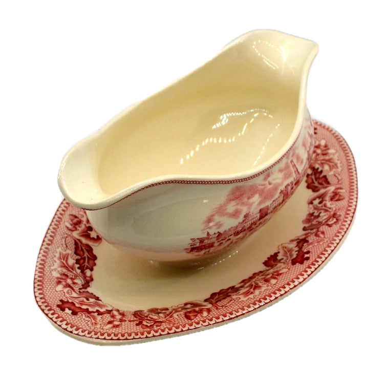 Johnson Bros Red and White China Historic America New Orleans Gravy Boat with Fixed saucer