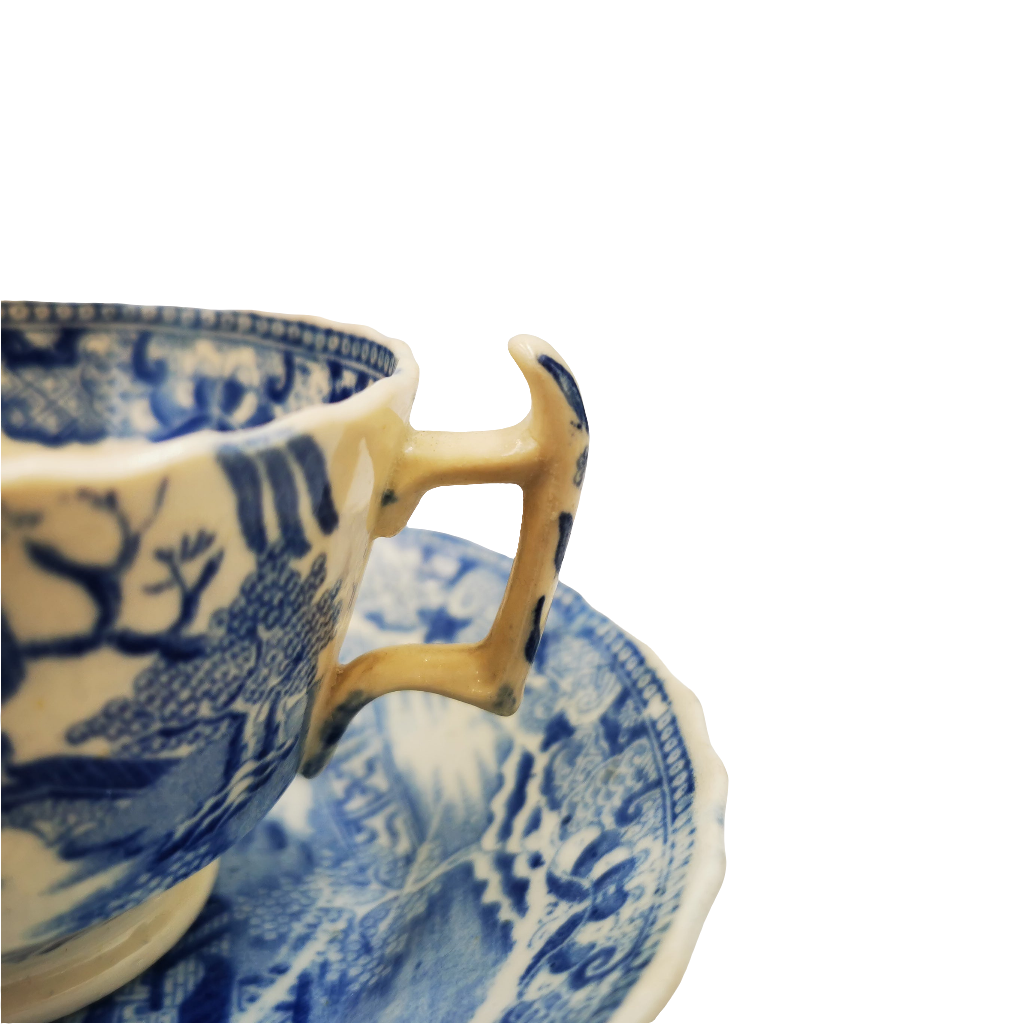 Antique English Blue and White Porcelain China Temples Tea Cup & Saucer