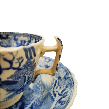 Antique English Blue and White Porcelain China Temples Tea Cup & Saucer