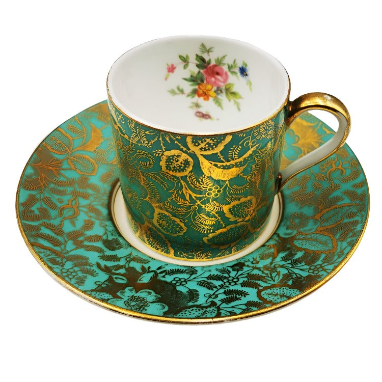 Minton Floral China Brocade Turquoise H5066 Coffee Cup and Saucer