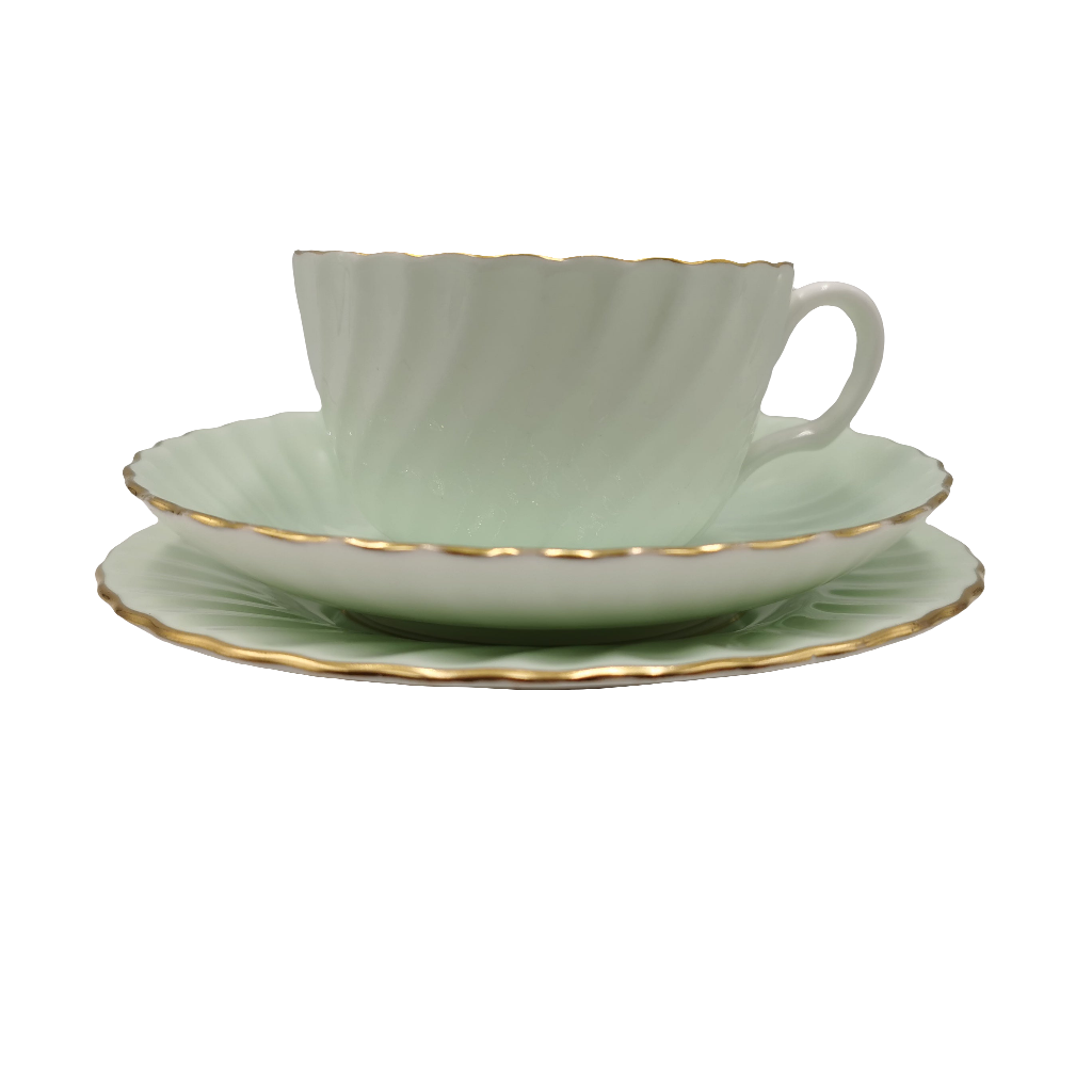 Minton Fluted Pale Green and White China Teacup Saucer & Side Plate Trio