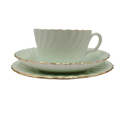 Minton Fluted Pale Green and White China Teacup Saucer & Side Plate Trio