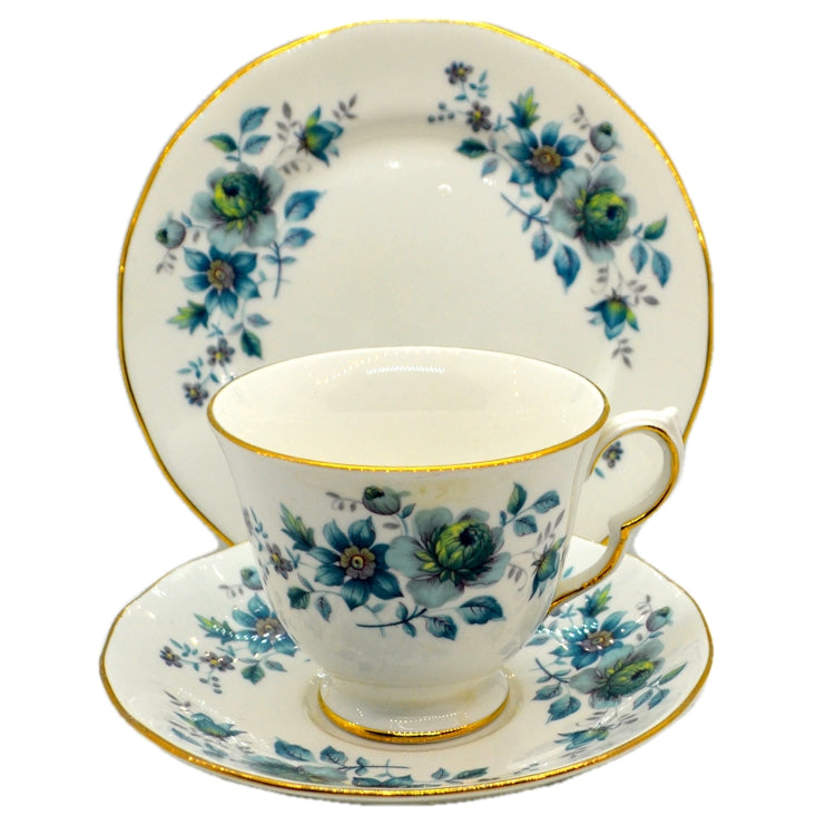 Queen Anne Ridgway Blue and White Floral China 8631 Teacup Trio