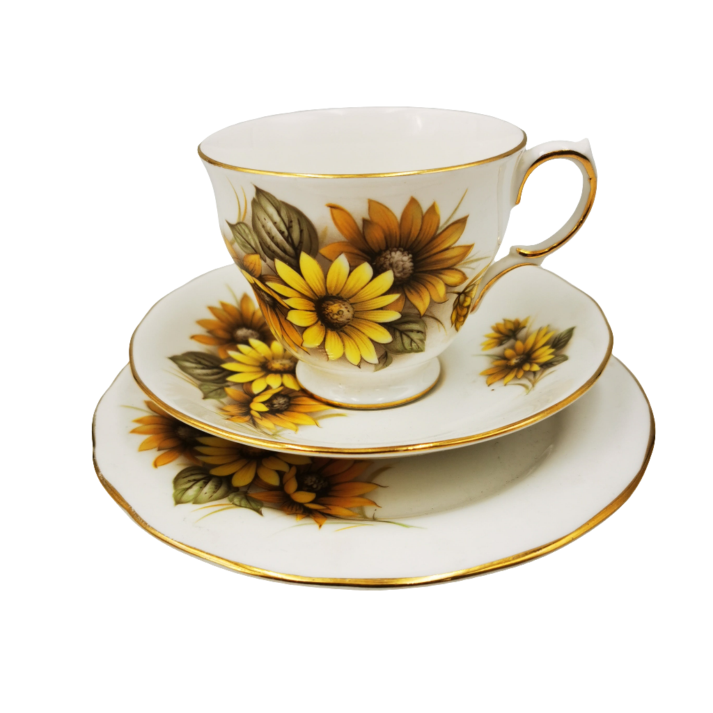 Queen Anne Sunflowers China Teacup Saucer and Side Plate 8592