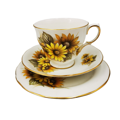 Queen Anne Sunflowers China Teacup Saucer and Side Plate 8592