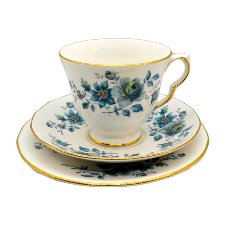 Queen Anne Ridgway Blue and White Floral China 8631 Teacup Trio