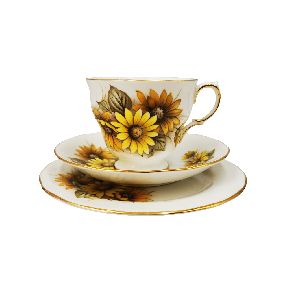 Queen Anne Sunflowers China Teacup Saucer and Side Plate 8592