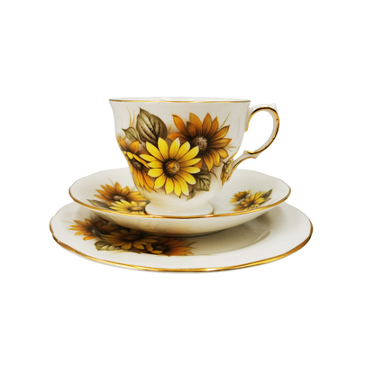Queen Anne Sunflowers China Teacup Saucer and Side Plate 8592