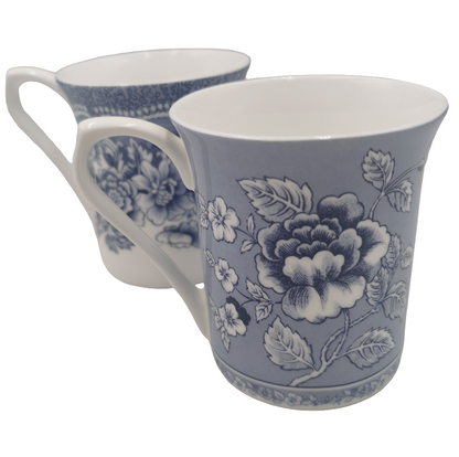 Queens Floral Blue and White China Pair of Porcelain Mugs