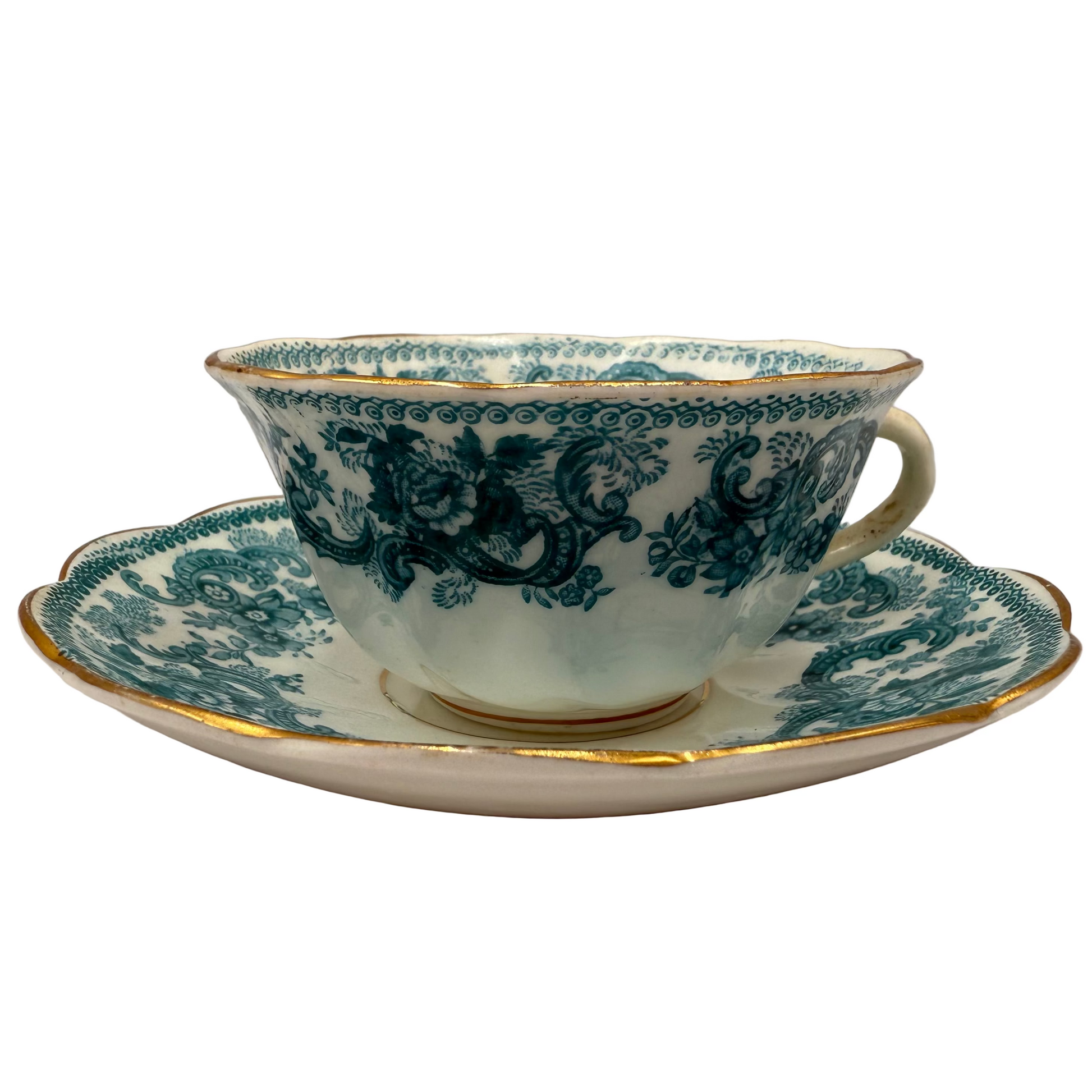 Antique Porcelain China 9250 Turquoise Blue and White Teacup and Saucer