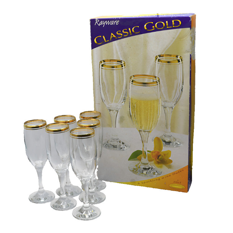 Vintage Set of 6 Boxed Rayware Classic Gold Glass Champagne Flutes