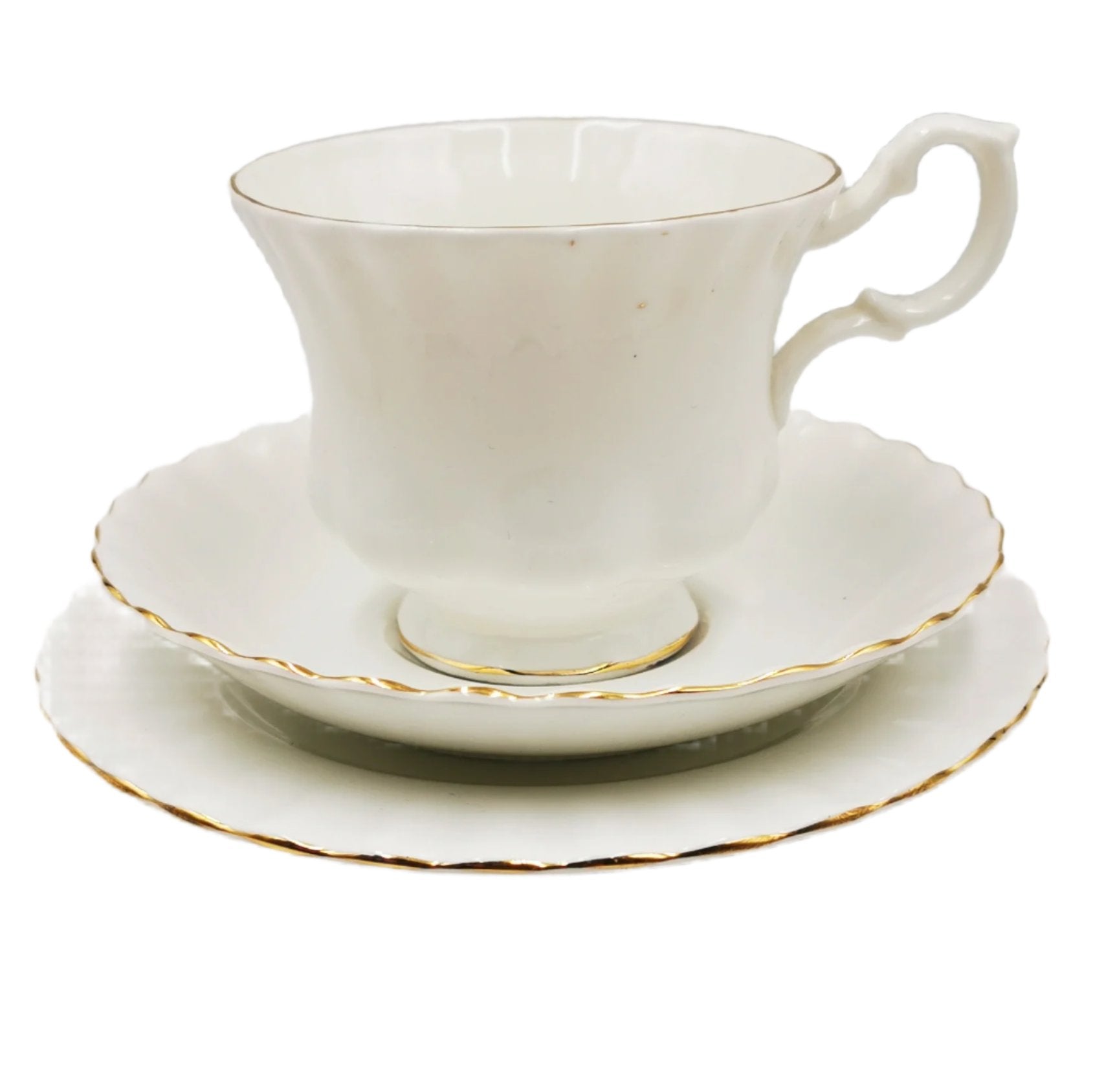 Richmond China White and Gold Teacup, Saucer and Side Plate Trio