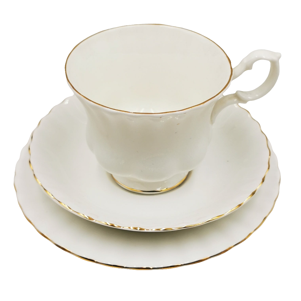 Richmond China White and Gold Teacup, Saucer and Side Plate Trio