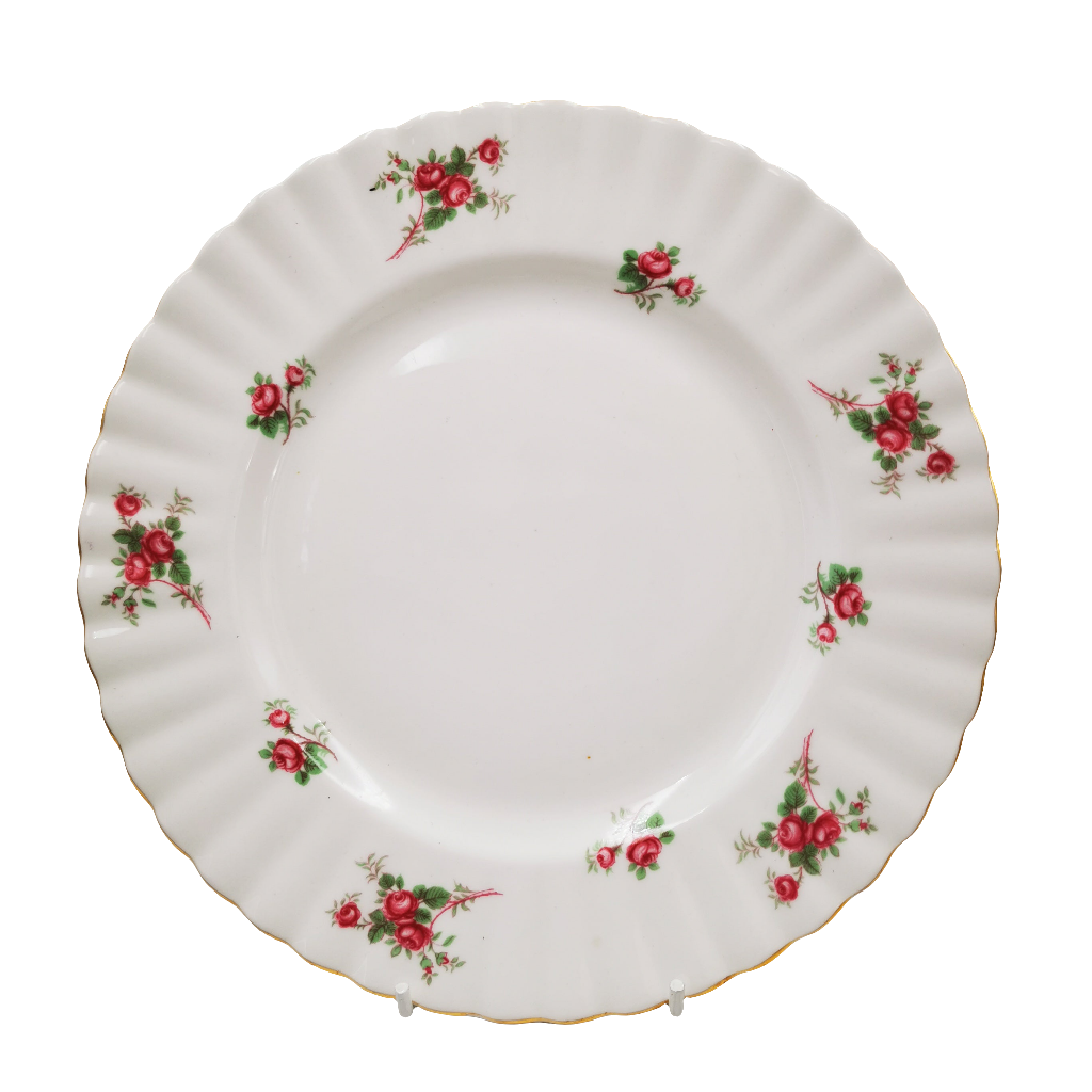 Richmond Bone China Rose Time pattern salad or dessert plate.
Richmond Bone China dessert plate

Rose Time dates from early 1960s
Richmond Bone China England pink bone china crown marks&nbsp;

8.25-inch diameter scallop rimmed dessert plate
In very good near mint condition and excellent gilt
A very pretty small pink rose design on white bone china