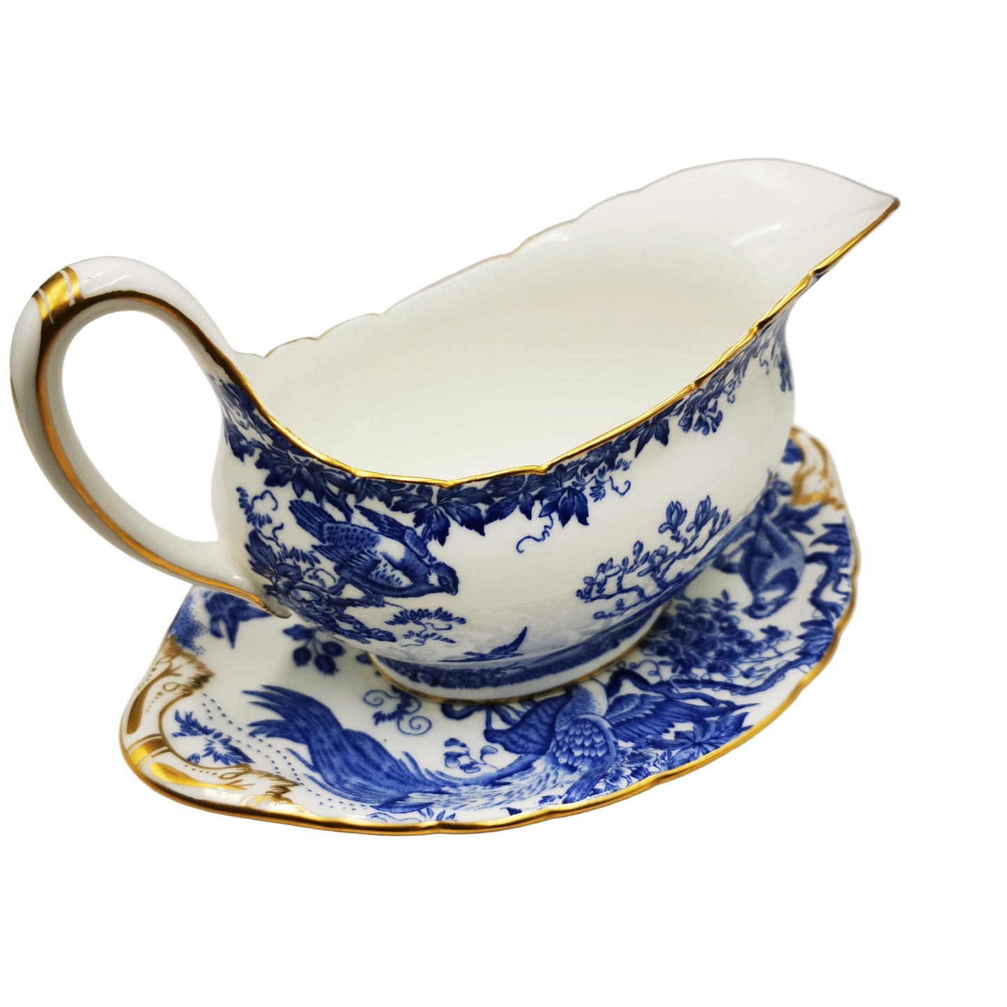 Royal Crown Derby China Blue Aves A1309 Gravy Boat and Saucer