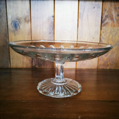 Antique Tri-Molded English Clear Glass 8.5-inch Pedestal Fruit Stand