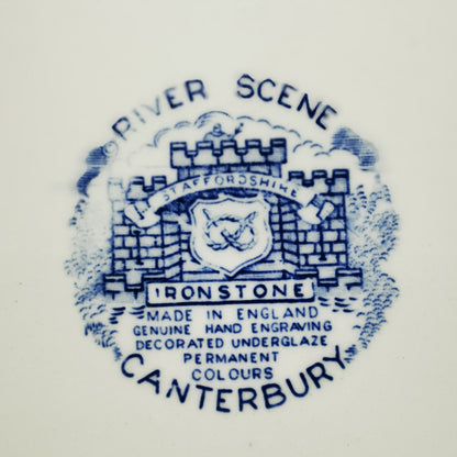 English Ironstone Pottery River Scenes Canterbury Blue and White China Dinner Plate