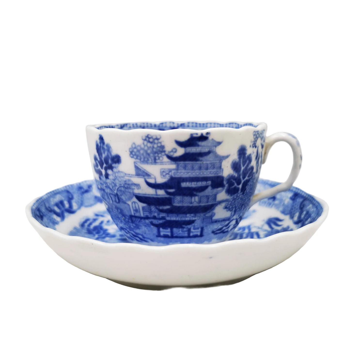 Antique English Blue and White Porcelain China Temples Teacup & Saucer