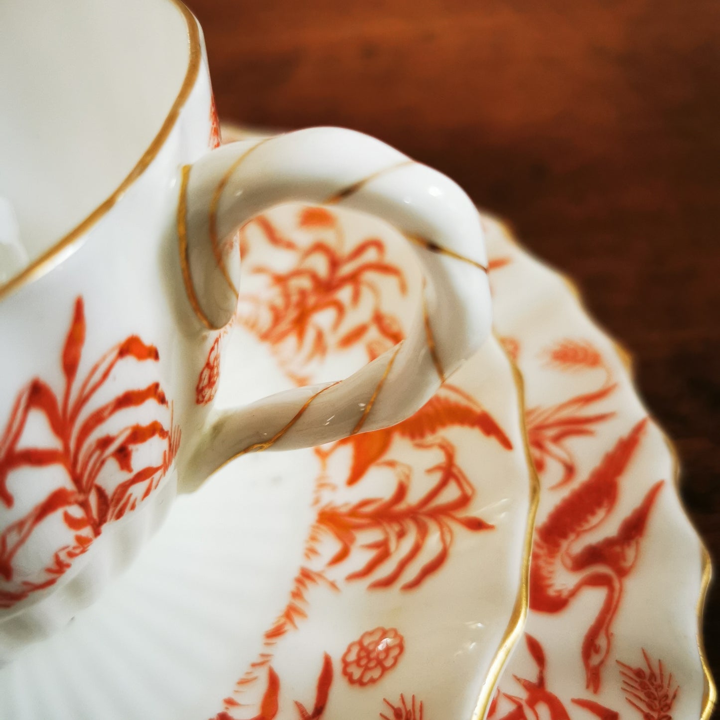 Antique Coalport Porcelain Coral Red Birds China Breakfast Cup Trio c1880