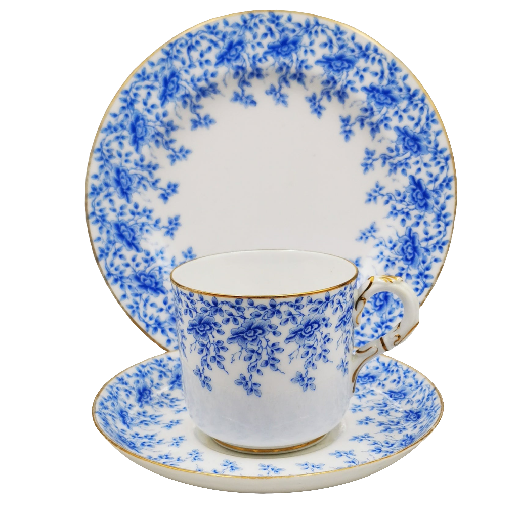 Antique Royal Worcester W3824 Blue and White China Coffee Cup Saucer and Side Plate