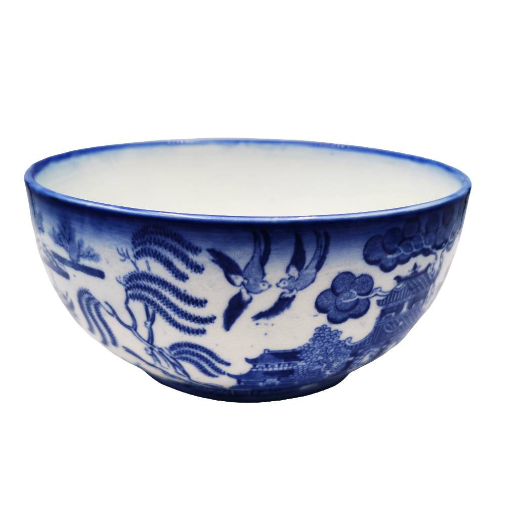 Antique Stone China Blue Willow Pattern English Pearlware Bowl Blue and white ceramic bowl with floral and bird design on a white background