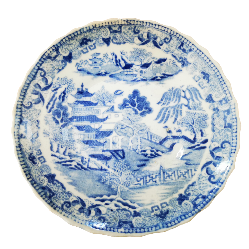 Antique English Blue and White Porcelain China Temples Tea Cup & Saucer Blue and white decorative plate with intricate patterns on a white background