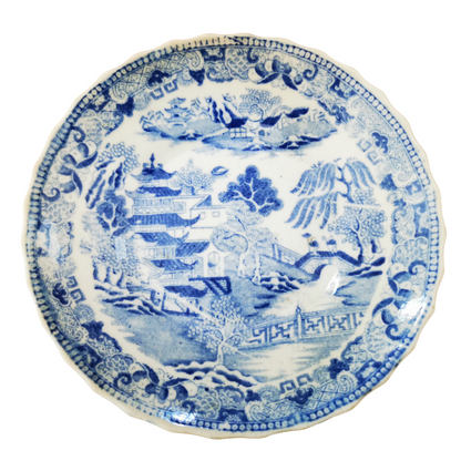 Antique English Blue and White Porcelain China Temples Tea Cup & Saucer Blue and white decorative plate with intricate patterns on a white background