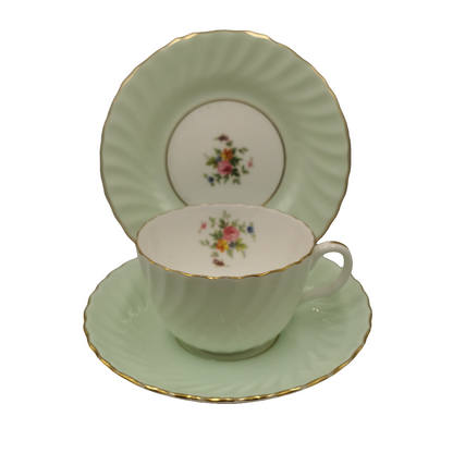 Minton Fluted Pale Green and White China Teacup Saucer & Side Plate Trio