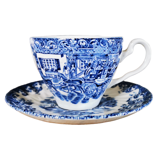 Johnson Bros Blue and White China Coaching Scenes Hunting Country Teacup and Saucer