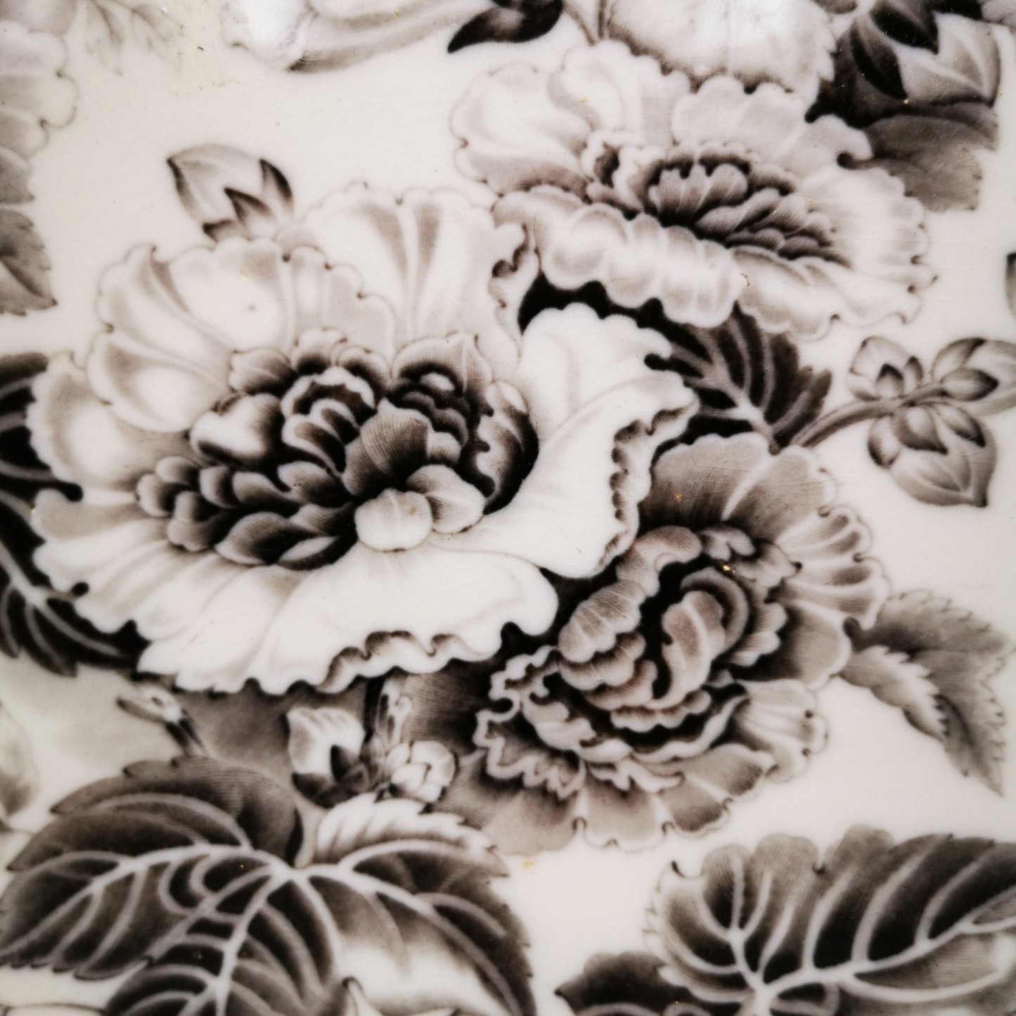 Close-up of a white ceramic surface decorated with a detailed black and gray floral pattern featuring peony-like blossoms and leaves.