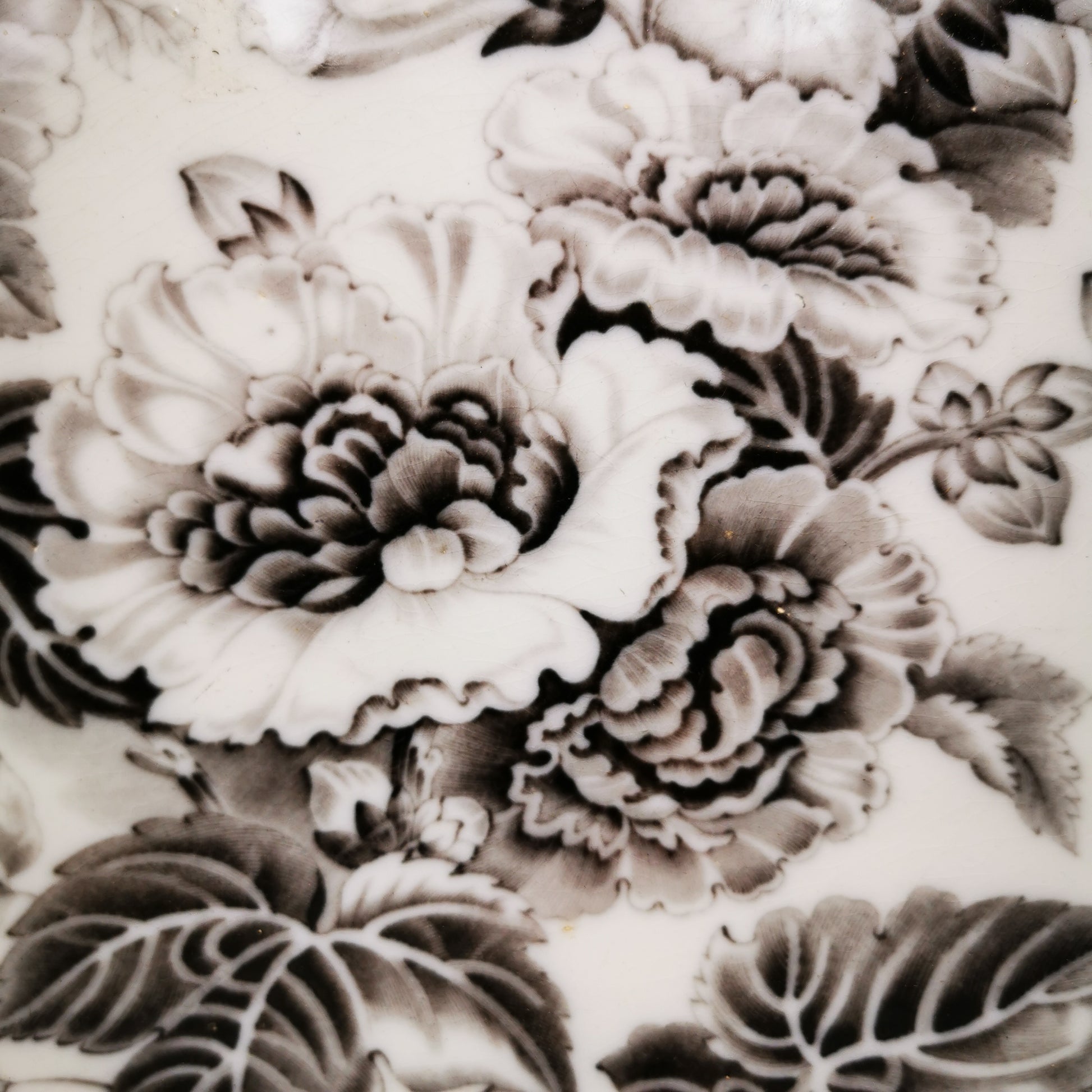 Close-up of a white ceramic surface decorated with a detailed black and gray floral pattern featuring peony-like blossoms and leaves.