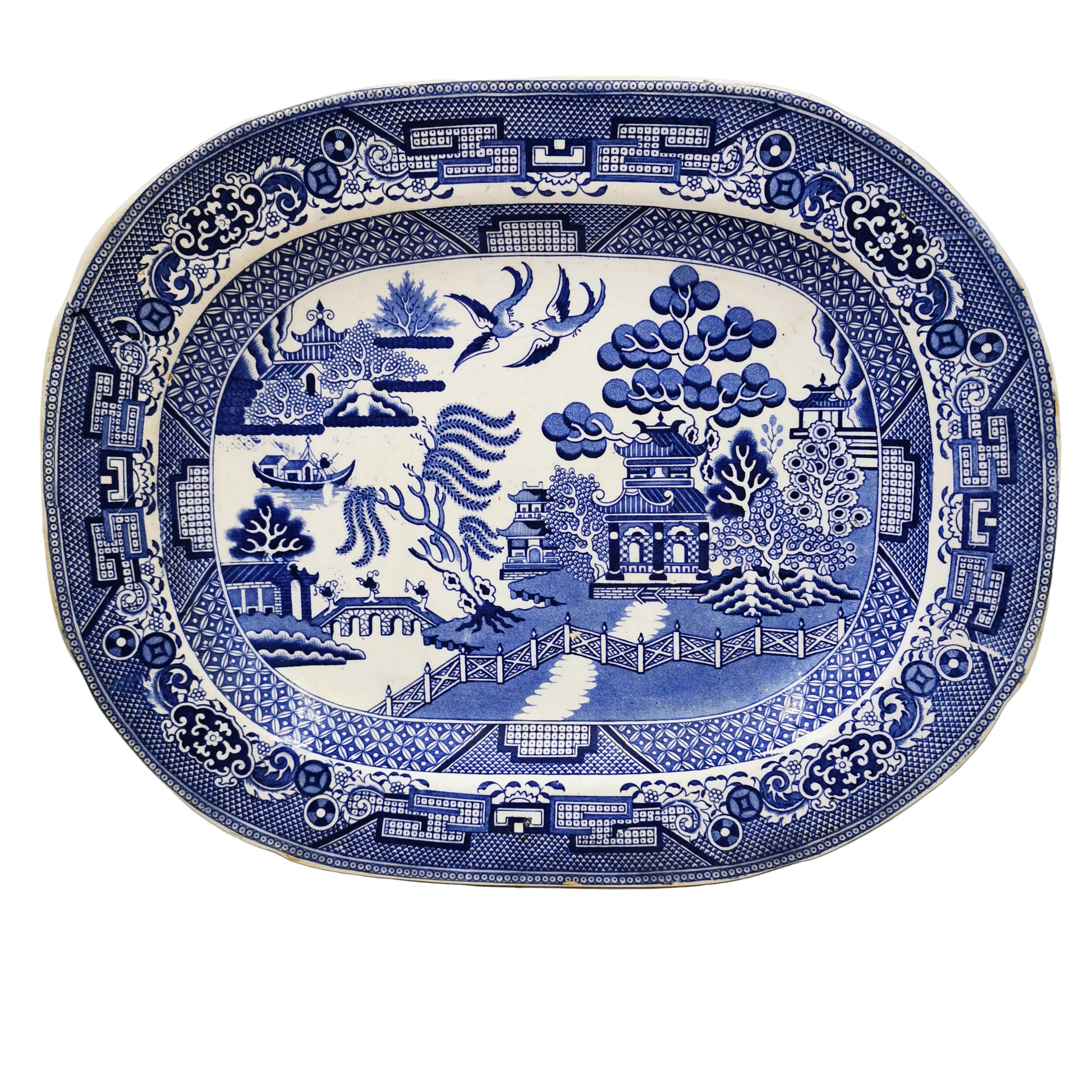blue willow platter antique wood and baggaley