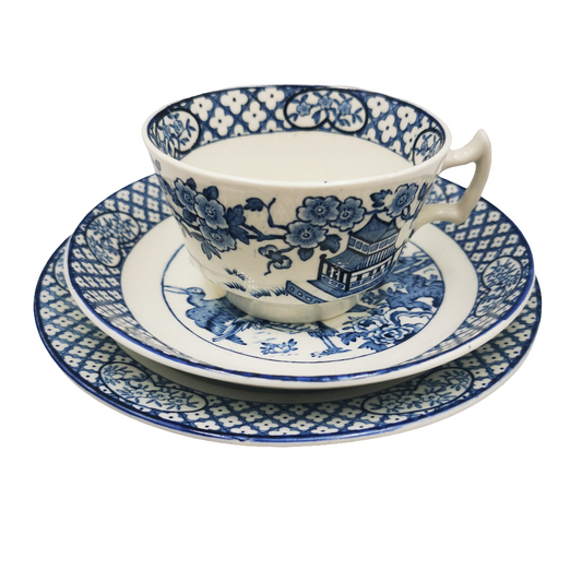 Wood & Sons Orient Blue and White China Teacup Saucer and Side Plate Trio