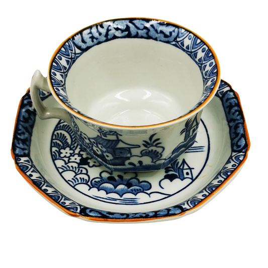 Woods Ware Alva Pattern Blue and White China Teacup and Saucer