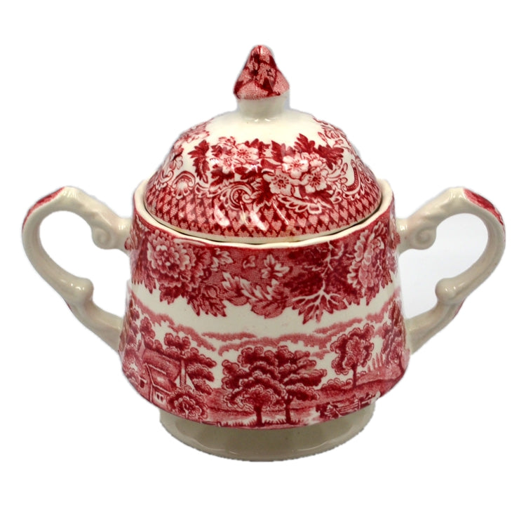 Enoch Woods English Scenery Woods Ware Red and White China Sugar Bowl