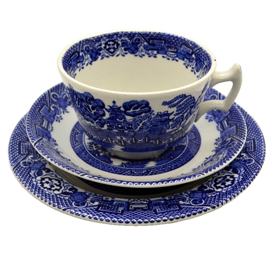 Woods Ware Blue and White Willow China Tea Cup, Saucer And Tea Plate Set c1930