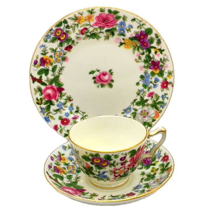 Antique Crown Staffordshire Porcelain 1000 Flowers China Teacup Trio c1913