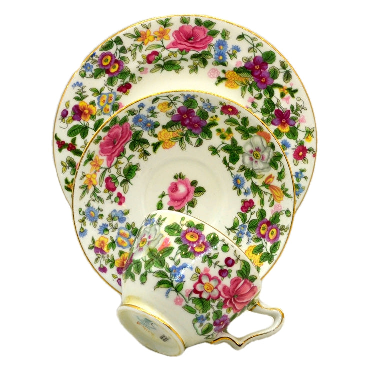 Antique Crown Staffordshire Porcelain 1000 Flowers China Teacup Trio c1913