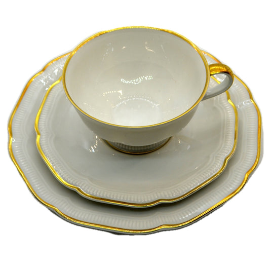 Hutschenreuther Gold and White China Teacup Saucer & Side Plate