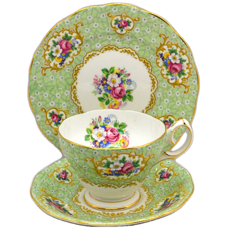 Queen Anne Gainsborough Green Floral China Teacup Trio