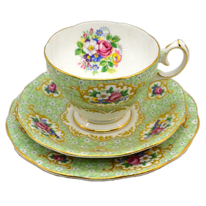 Queen Anne Gainsborough Green Floral China Teacup Trio