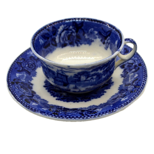 Antique Wedgwood Blue and White China Landscape Teacup and Saucer