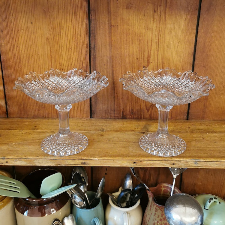 A pair of English Quarter-Molded Pedestal Glass Table Fruit Stands