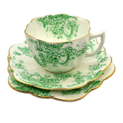 Antique Floral Green and White Bone China Teacup Trio