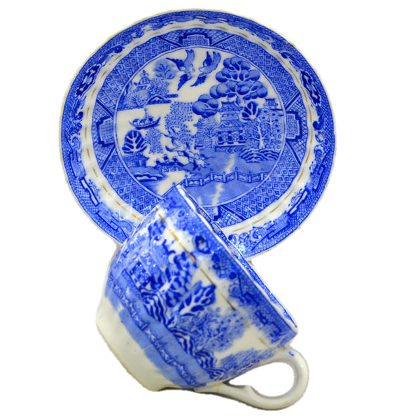 Antique Salt and Nixon Blue and White China Willow Cup and Saucer 1897 Vintage Farmhouse Antiques