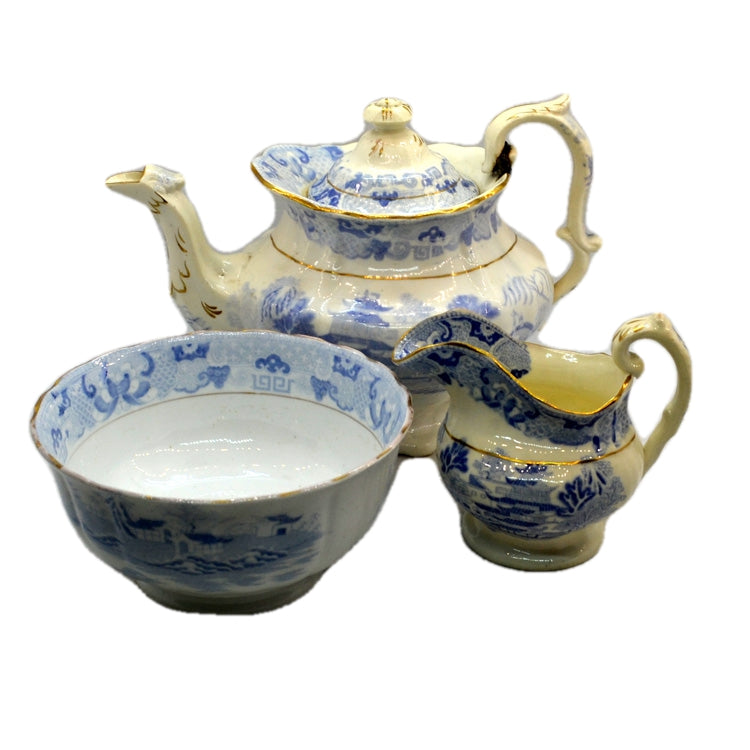 Antique Blue and White Willow Two Temples China