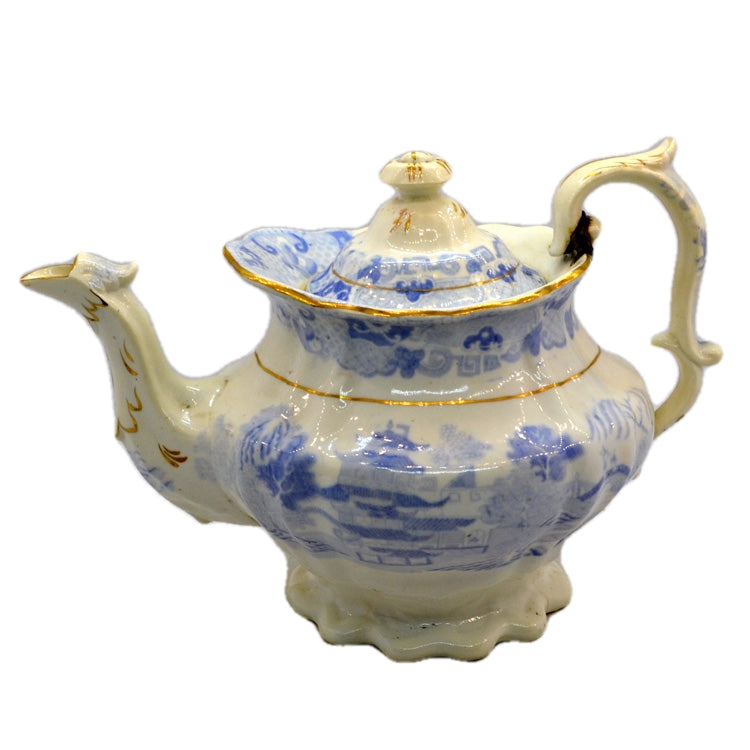 Antique Blue and White Willow Two Temples Teapot c1840