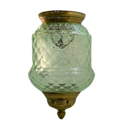 Antique Glass Hall Lantern Brass & Pressed Green Glass